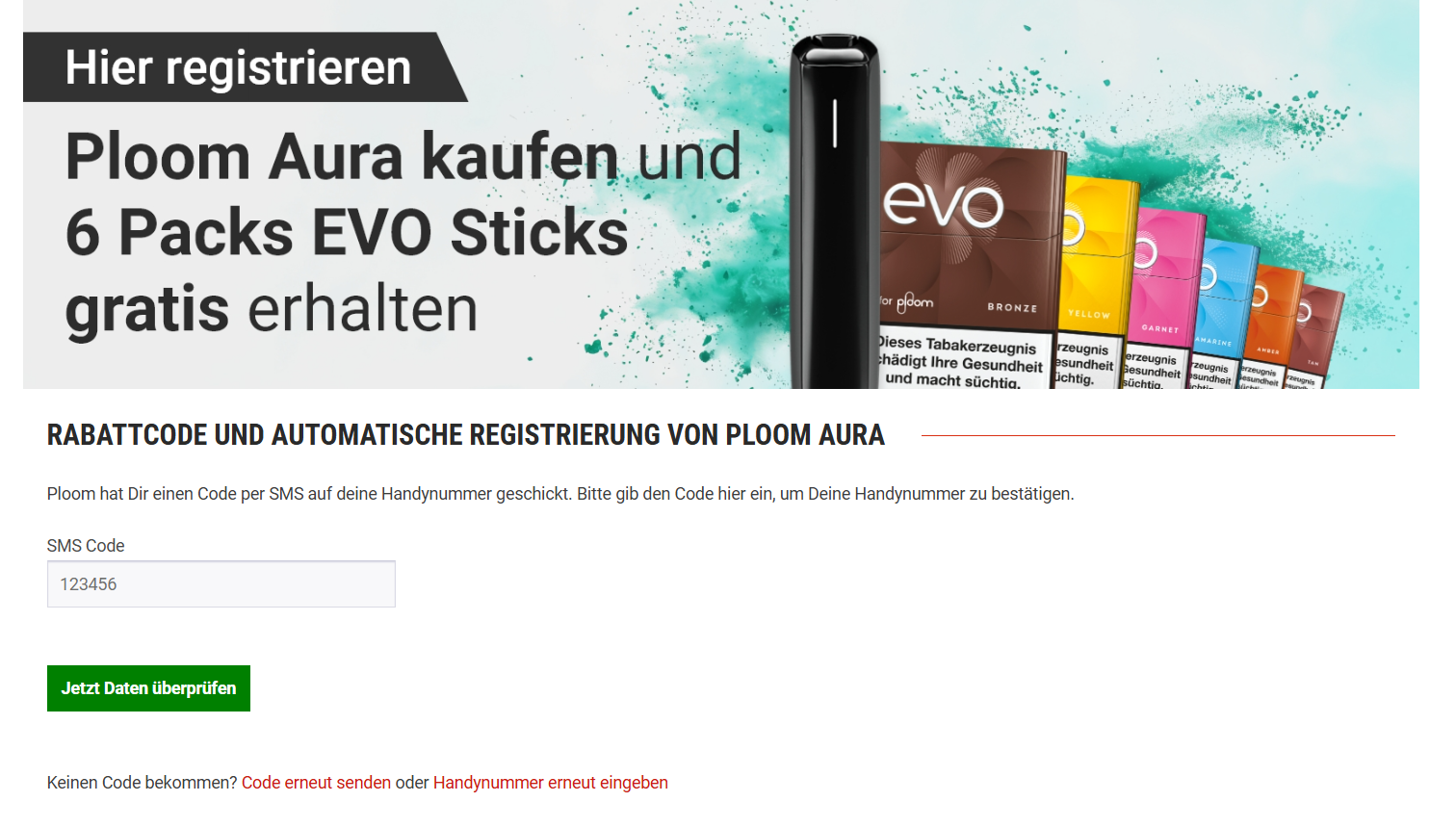 Ploom Aura Registrierung - SMS Code eingeben