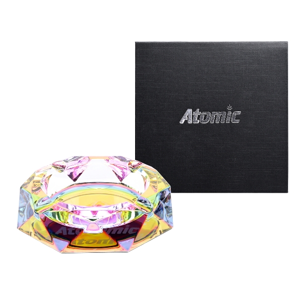 Atomic Glas Aschenbecher Rainbow Diamant Seite + Verpackung