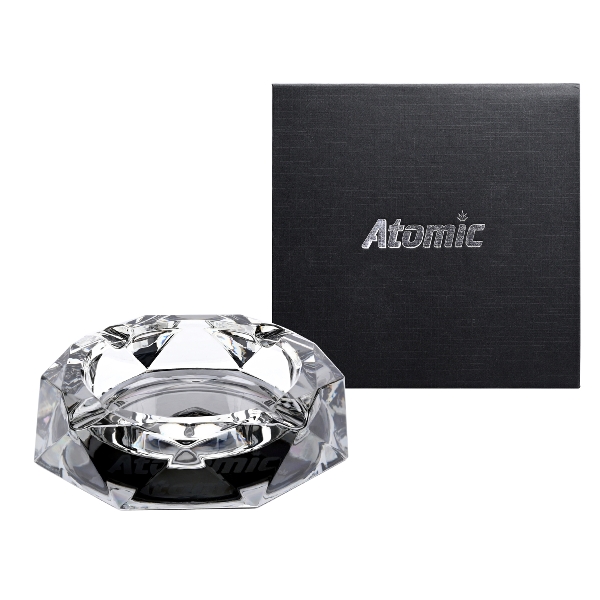 Atomic Glas Aschenbecher Black Diamant Seite + Verpackung