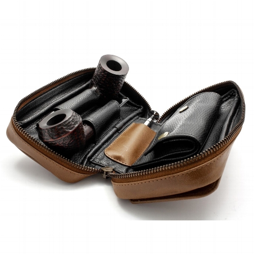 Rattrays 2er Pfeifentasche Whisky Braun Gold Innen