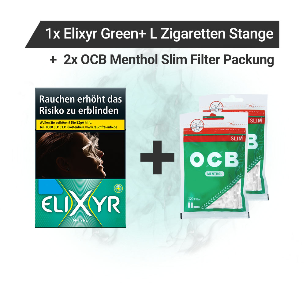 Elixyr Green+ L Zigaretten + OCB Slim Filter Aktion