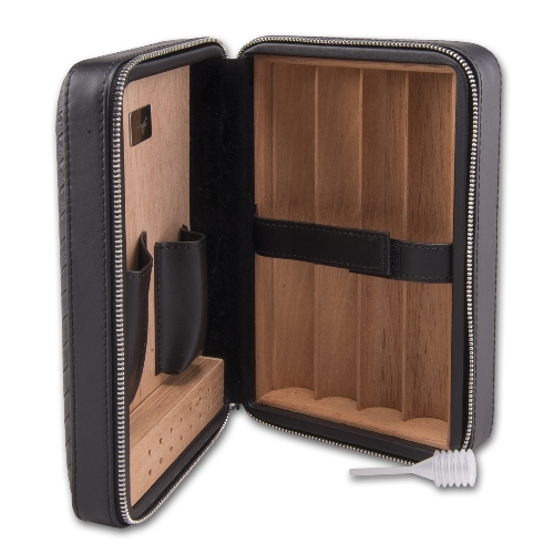 Reise-Humidor Leder schwarz 20x13,5x7,5 cm für 4 Zigarren Klimasystem