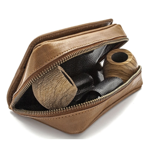 Rattrays 2er Pfeifentasche Leder Combo Whisky Braun Gold Innen