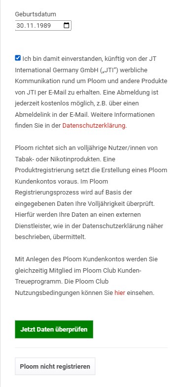 Ploom X registrierung - Geburtstdatum hinterlegen