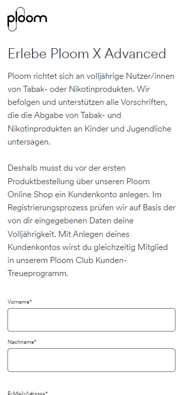 Ploom Registrierung persönliche Daten hinterlegen
