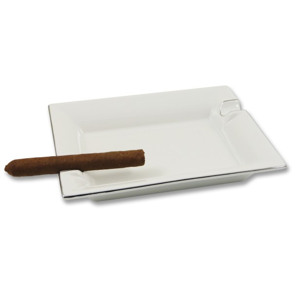Zigarrenaschenbecher - Porzellan - Weiß/Silberrand mit 2 Ablagen