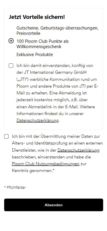 Ploom Registrierung Nutzungsbedingungen akzeptieren